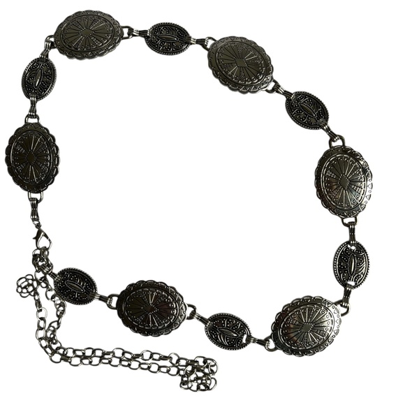 Metal Medalion Belt Ovals Chain Clasp Size Small Shiny Silver - Picture 2 of 10